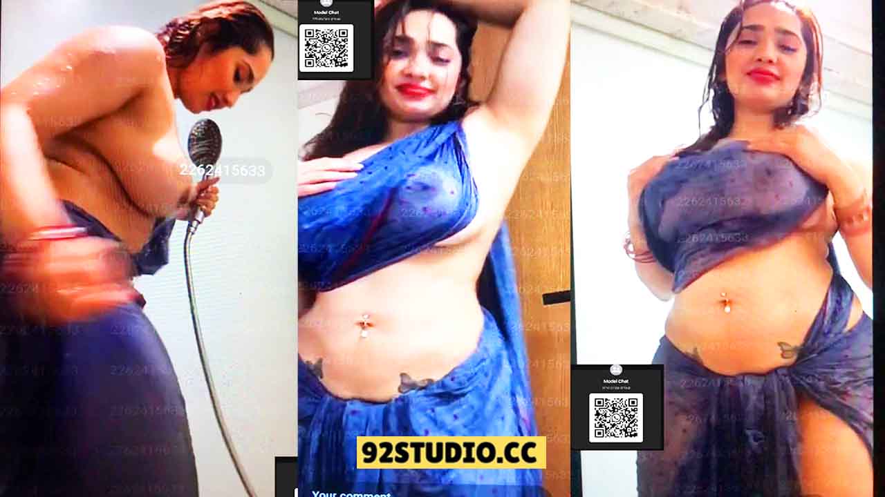 Aditi Mistry Nude Boobs N!pples Expose in Transparent Wet Blue Saree Live – P02